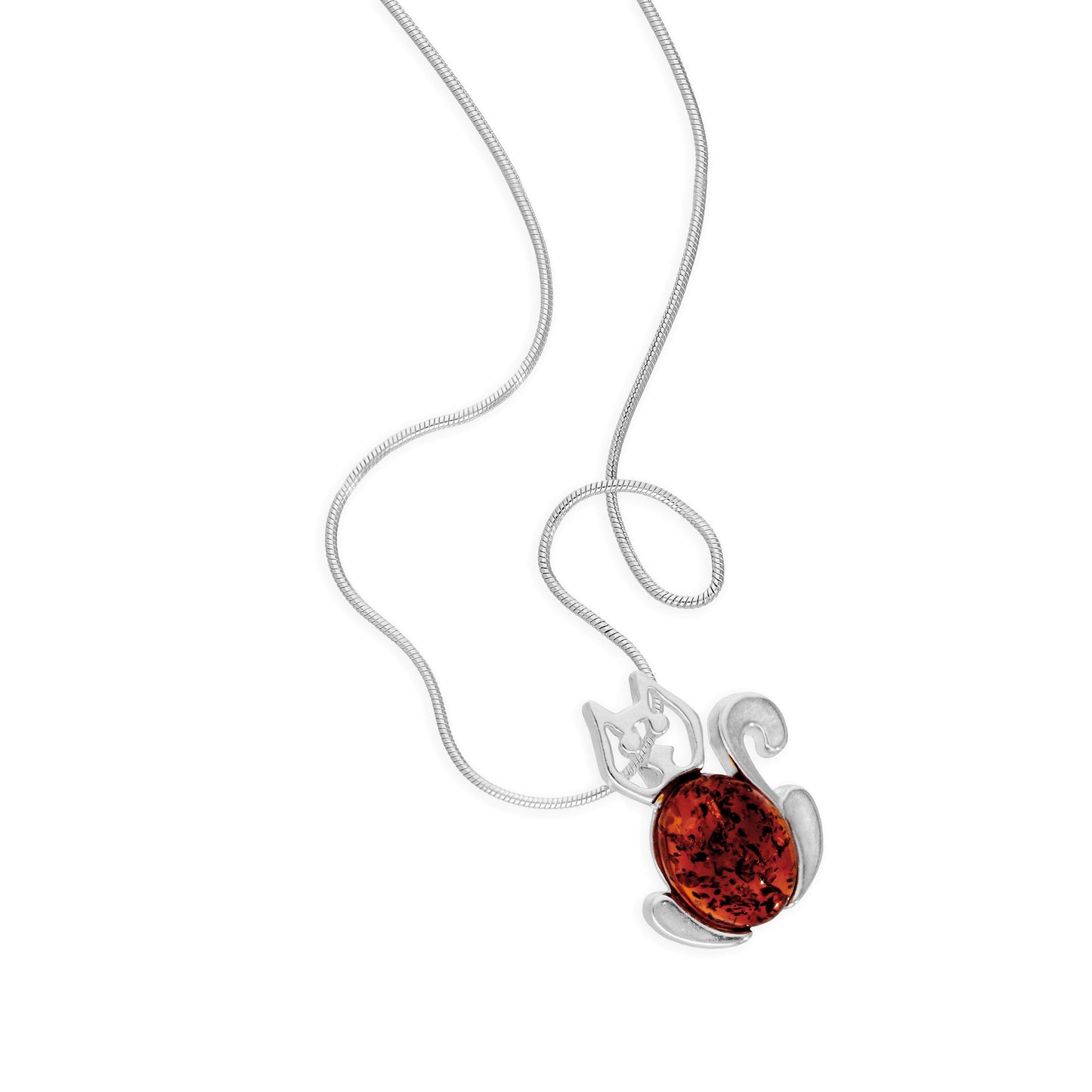 Sterling Silver & Baltic Amber Cat Outline Pendant Necklace 14 - 22 Inches