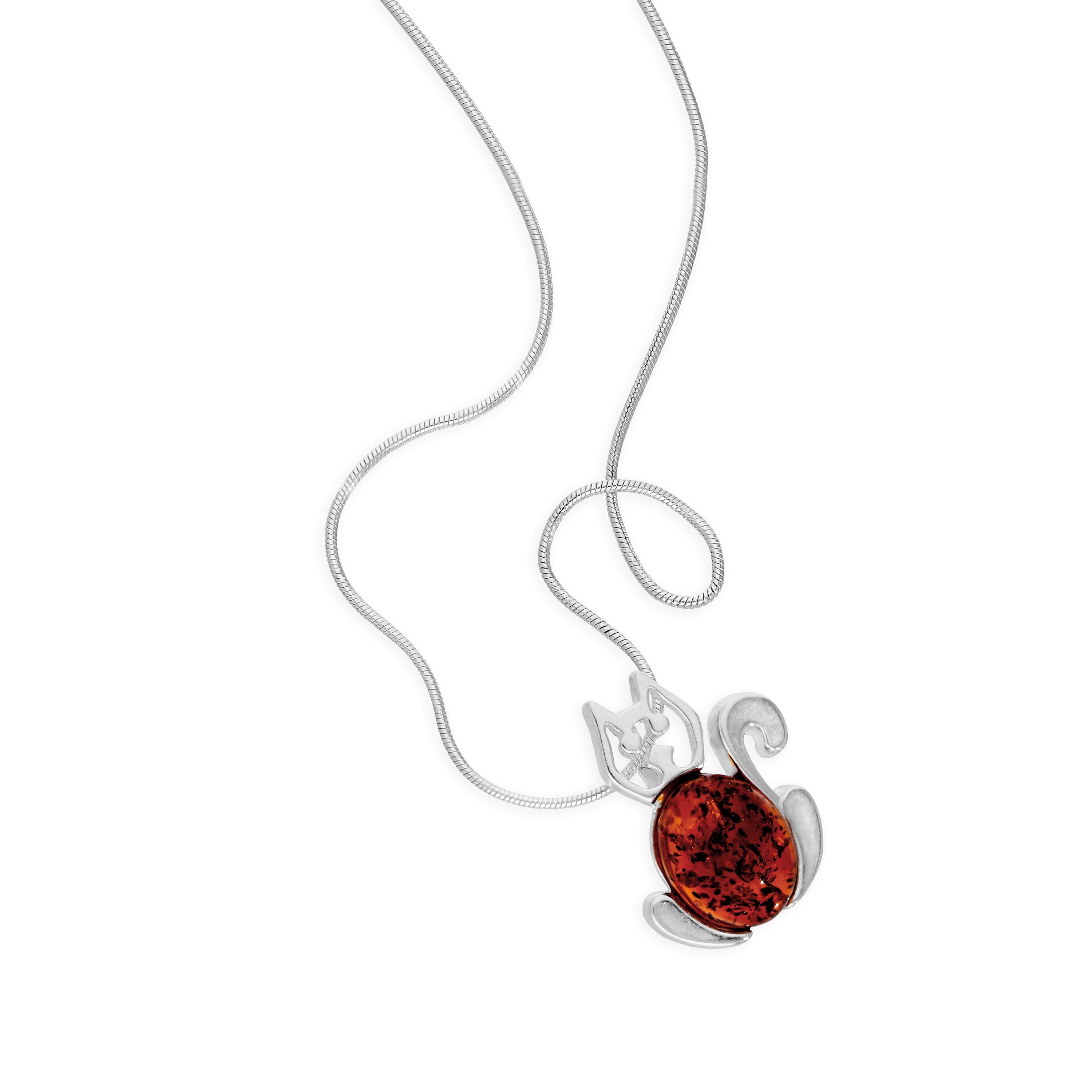 Sterling Silver & Baltic Amber Cat Outline Pendant Necklace 18 - 22 Inches