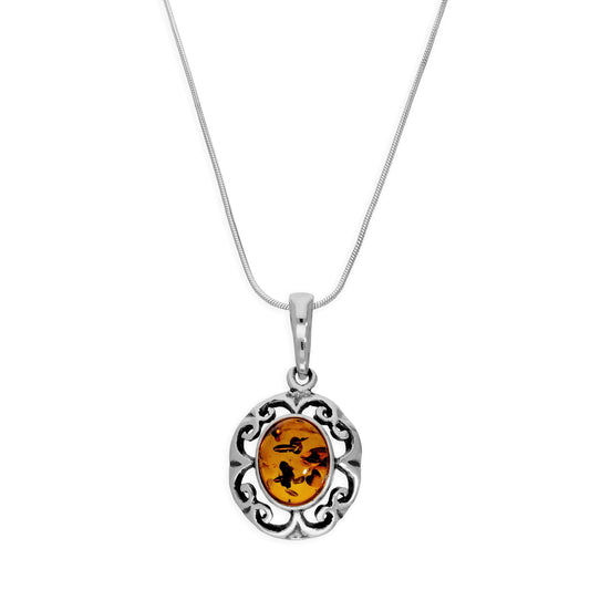 Sterling Silver & Baltic Amber Fancy Floral Pendant Necklace 14 - 22 Inches