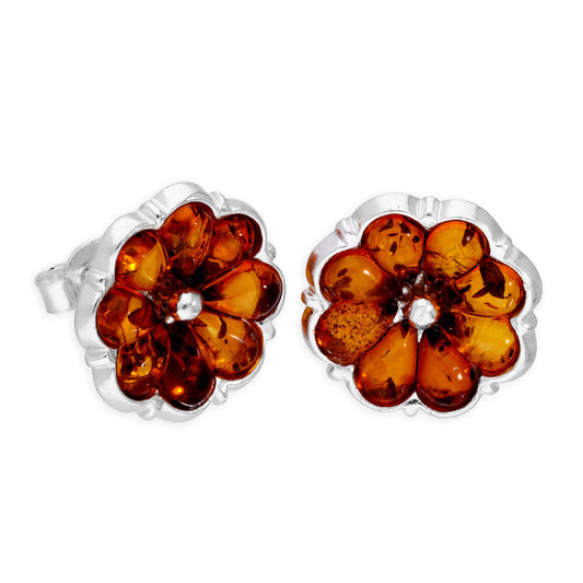 Large Sterling Silver & Baltic Amber Flower Stud Earrings