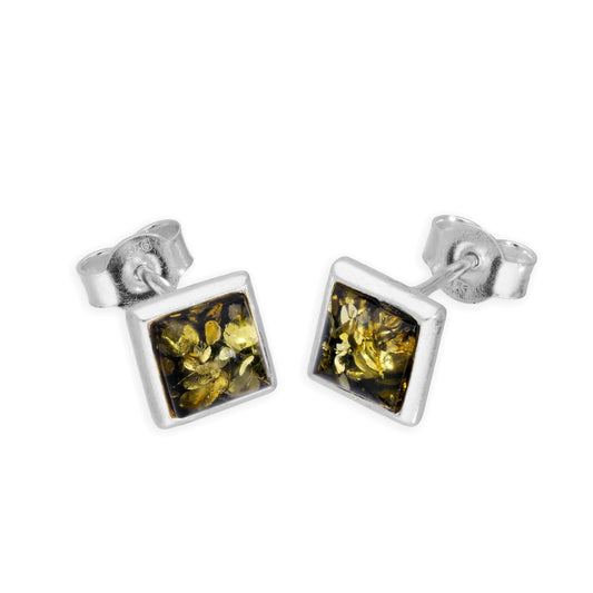 Sterling Silver Green & Yellow Amber Stud Earrings