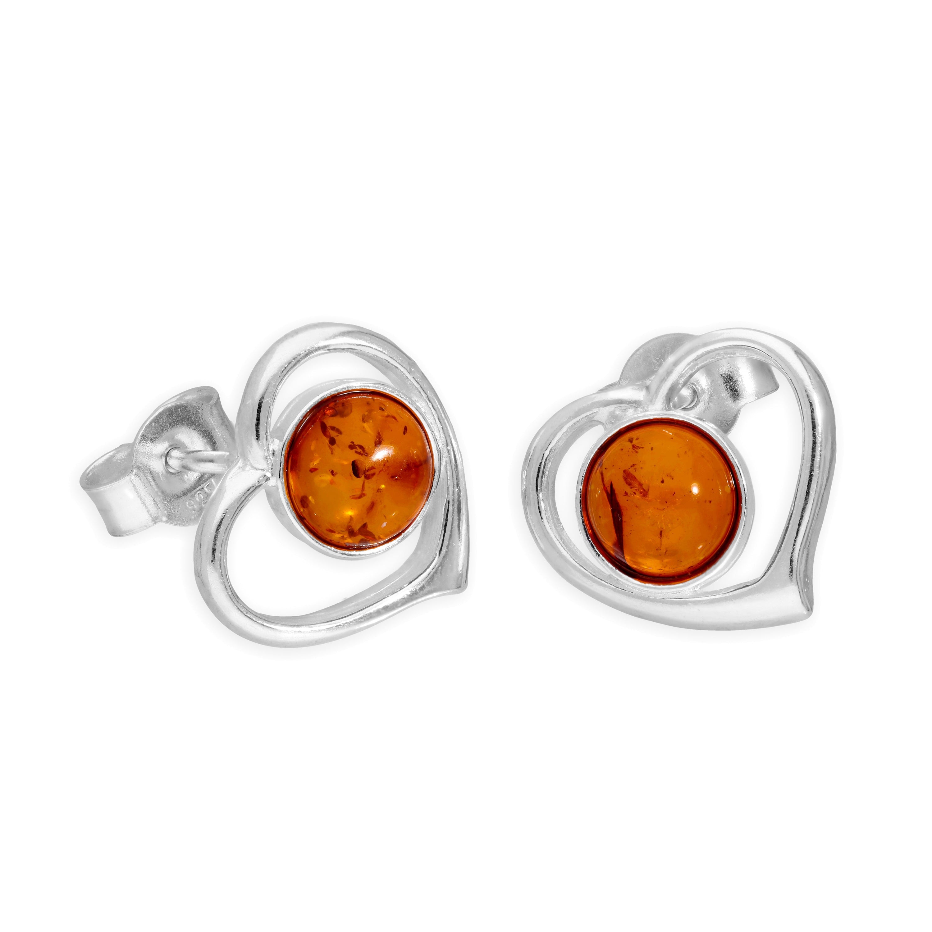 Sterling Silver & Baltic Amber Heart Stud Earrings