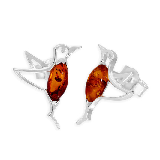 Sterling Silver & Baltic Amber Hummingbird Stud Earrings