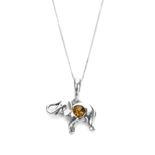 Sterling Silver & Cognac Baltic Amber Elephant Pendant Necklace 16 - 22 Inches