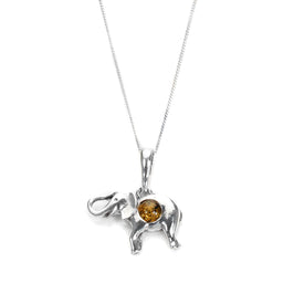Sterling Silver & Cognac Baltic Amber Elephant Pendant Necklace 14 - 32 Inches