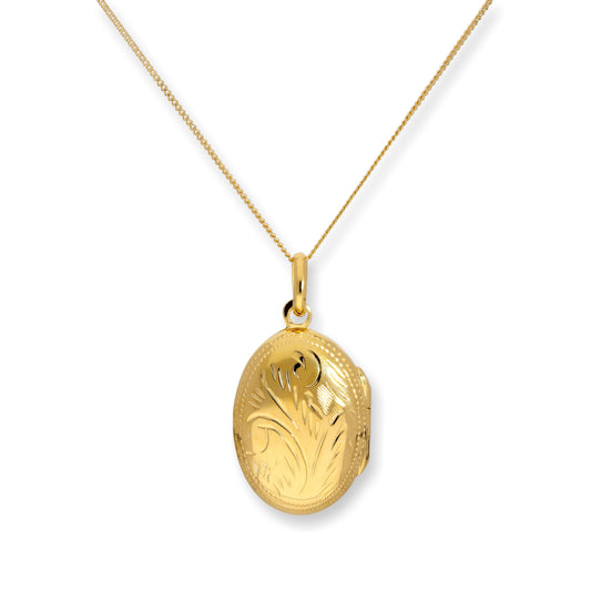 Gold Plated Sterling Silver Oval Engraved Locket on Chain 16 - 22 Inches