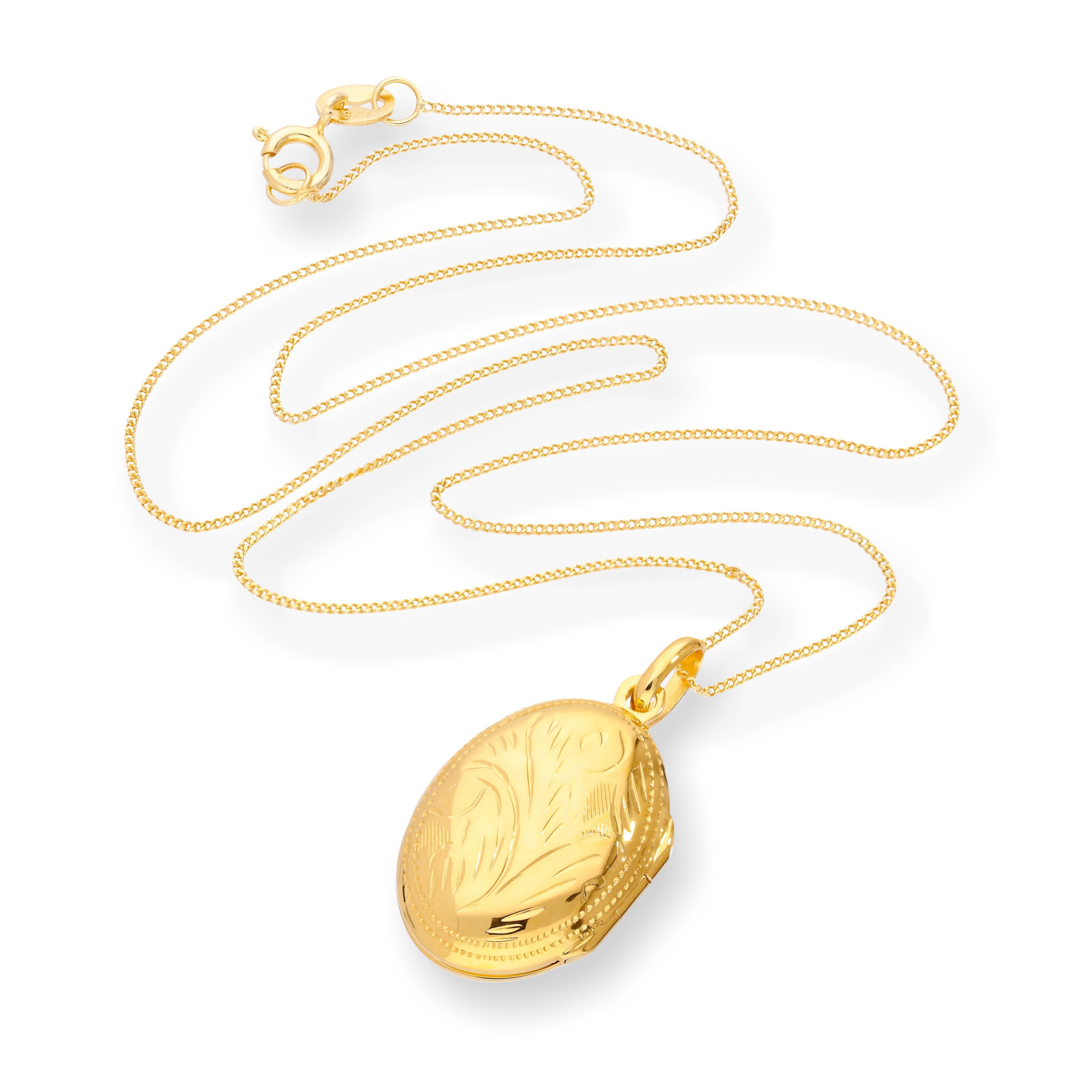 Gold Plated Sterling Silver Oval Engraved Locket on Chain 18 - 20 Inches