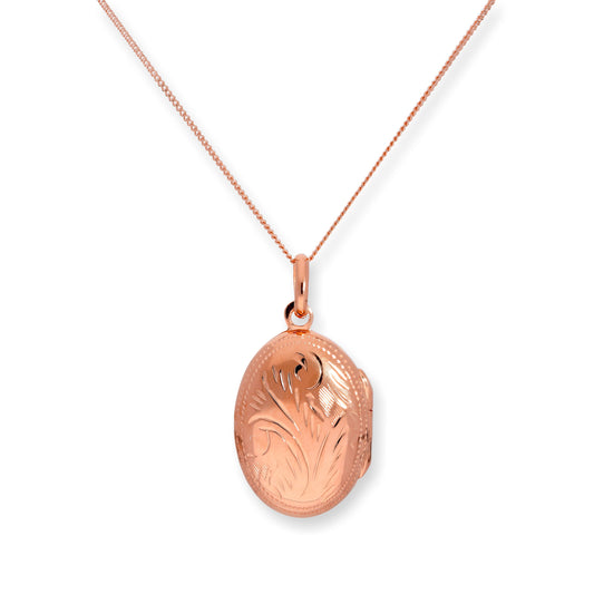Rose Gold Plated Sterling Silver Oval Engraved Locket 16 - 22 Inches