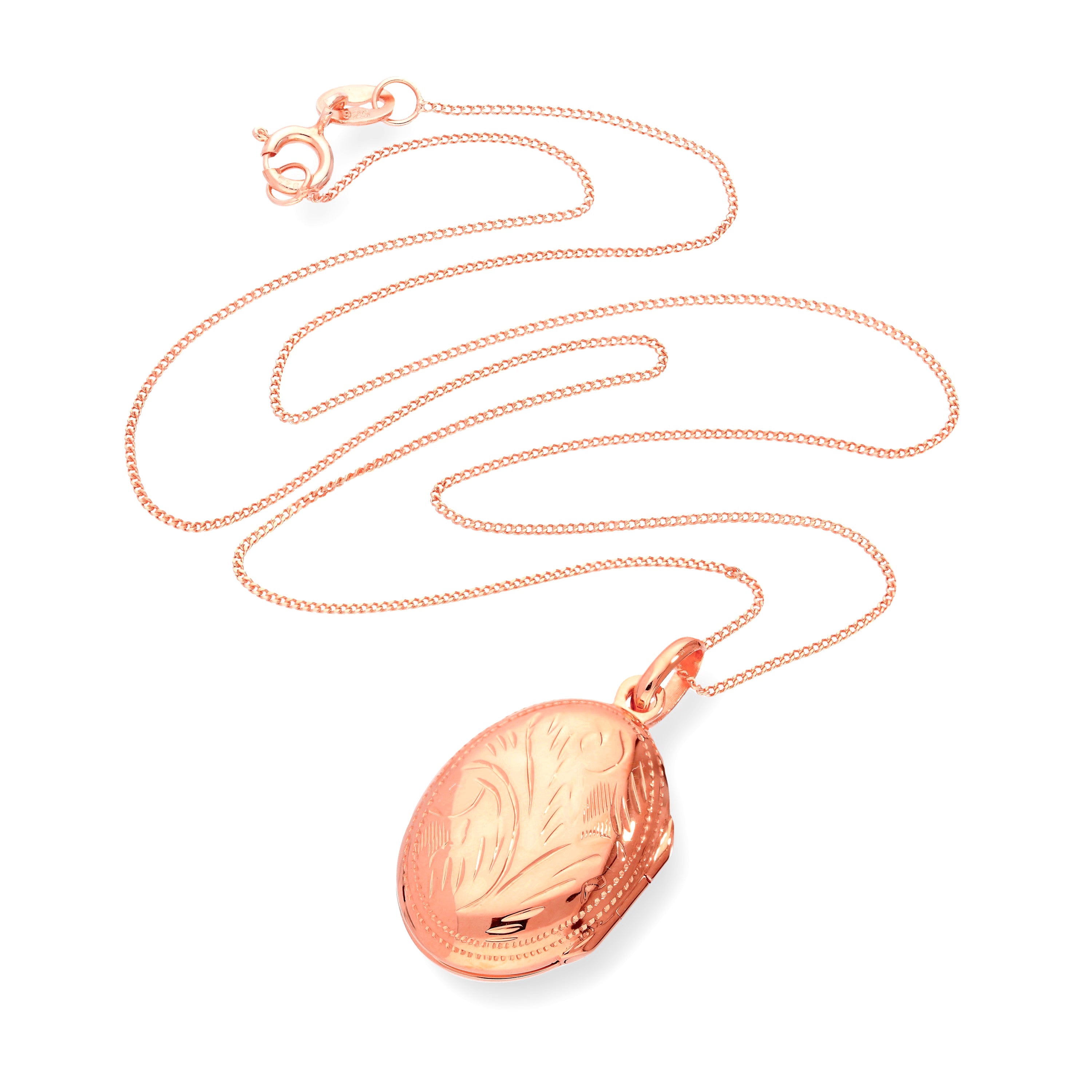 Rose Gold Plated Sterling Silver Oval Engraved Locket 16 - 22 Inches