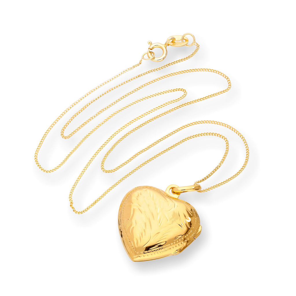 Gold Plated Sterling Silver Engraved Heart Locket on Chain 16 - 22 Inches
