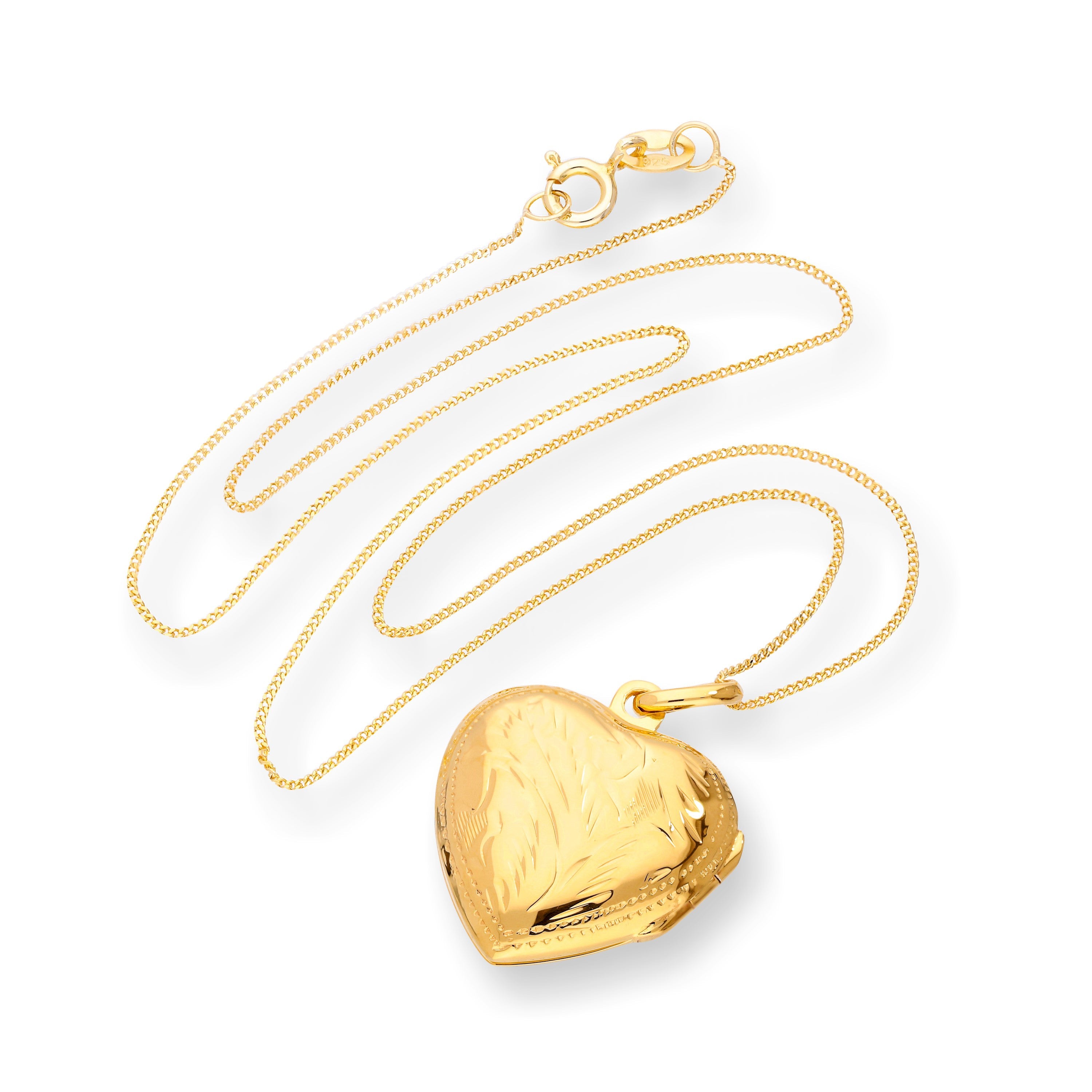 Gold Plated Sterling Silver Engraved Heart Locket on Chain 16 - 22 Inches