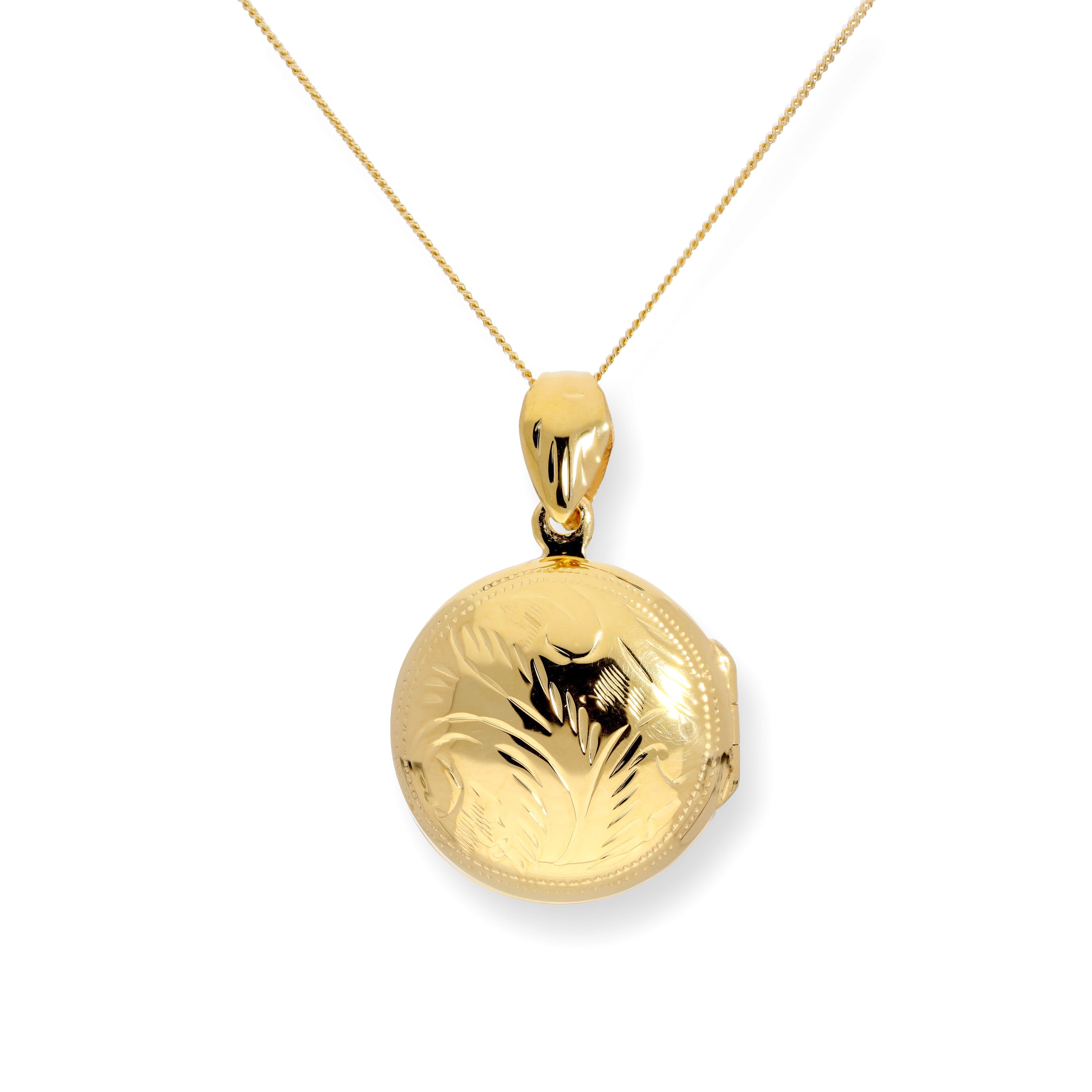 Gold Plated Sterling Silver Engraved Round Locket on Chain 16 - 22 Inches