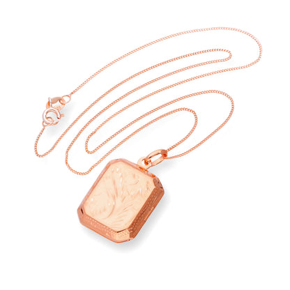 Rose Gold Plated Sterling Silver Octagonal Engraved Locket 16 - 22 Inches