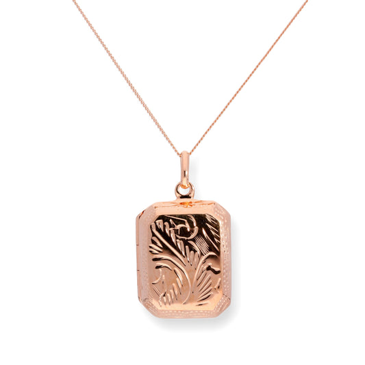 Rose Gold Plated Sterling Silver Octagonal Engraved Locket 16 - 22 Inches
