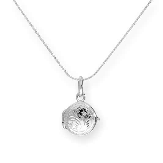 Tiny Sterling Silver Round Engraved Locket on Chain 16 - 22 Inches