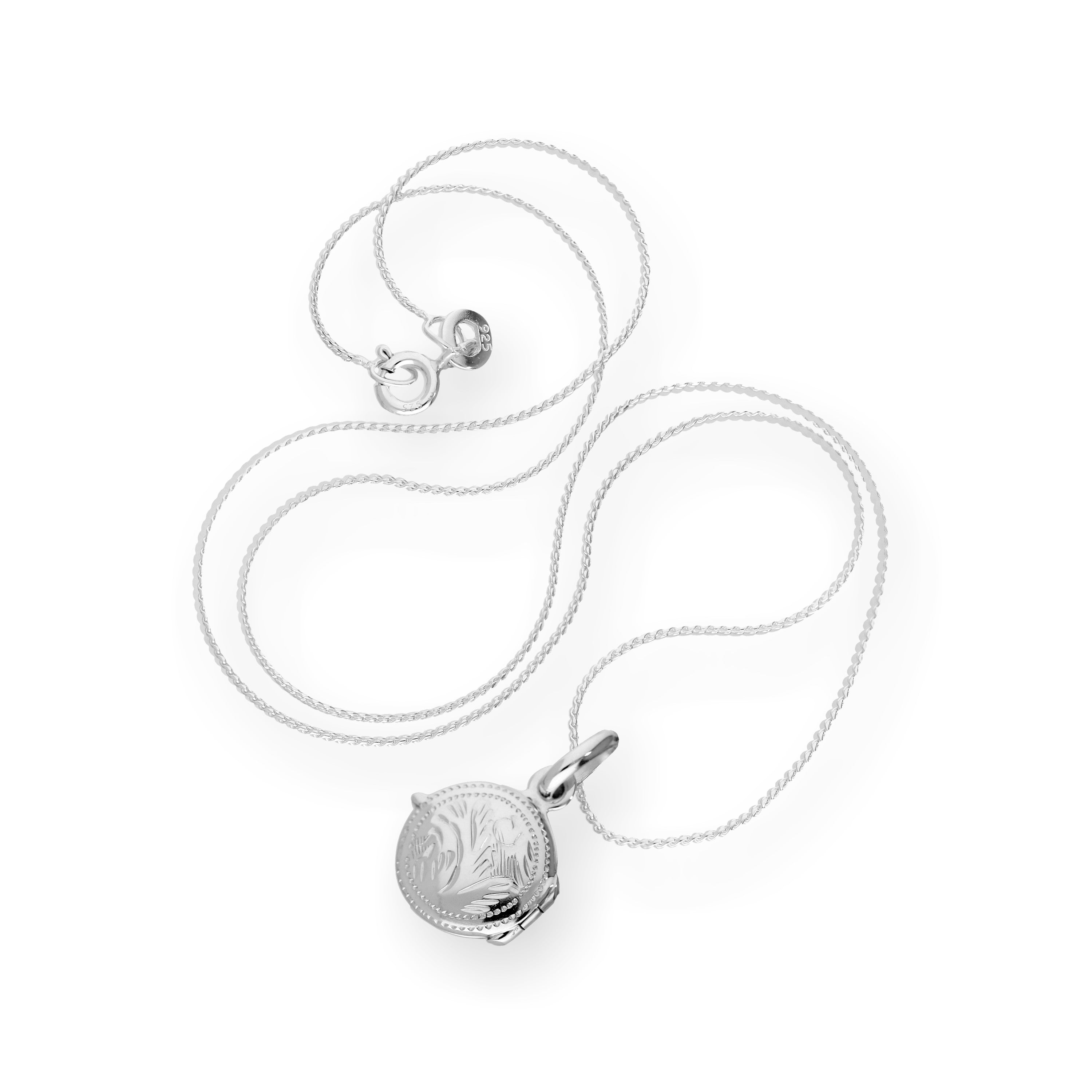 Tiny Sterling Silver Round Engraved Locket on Chain 14 - 28 Inches
