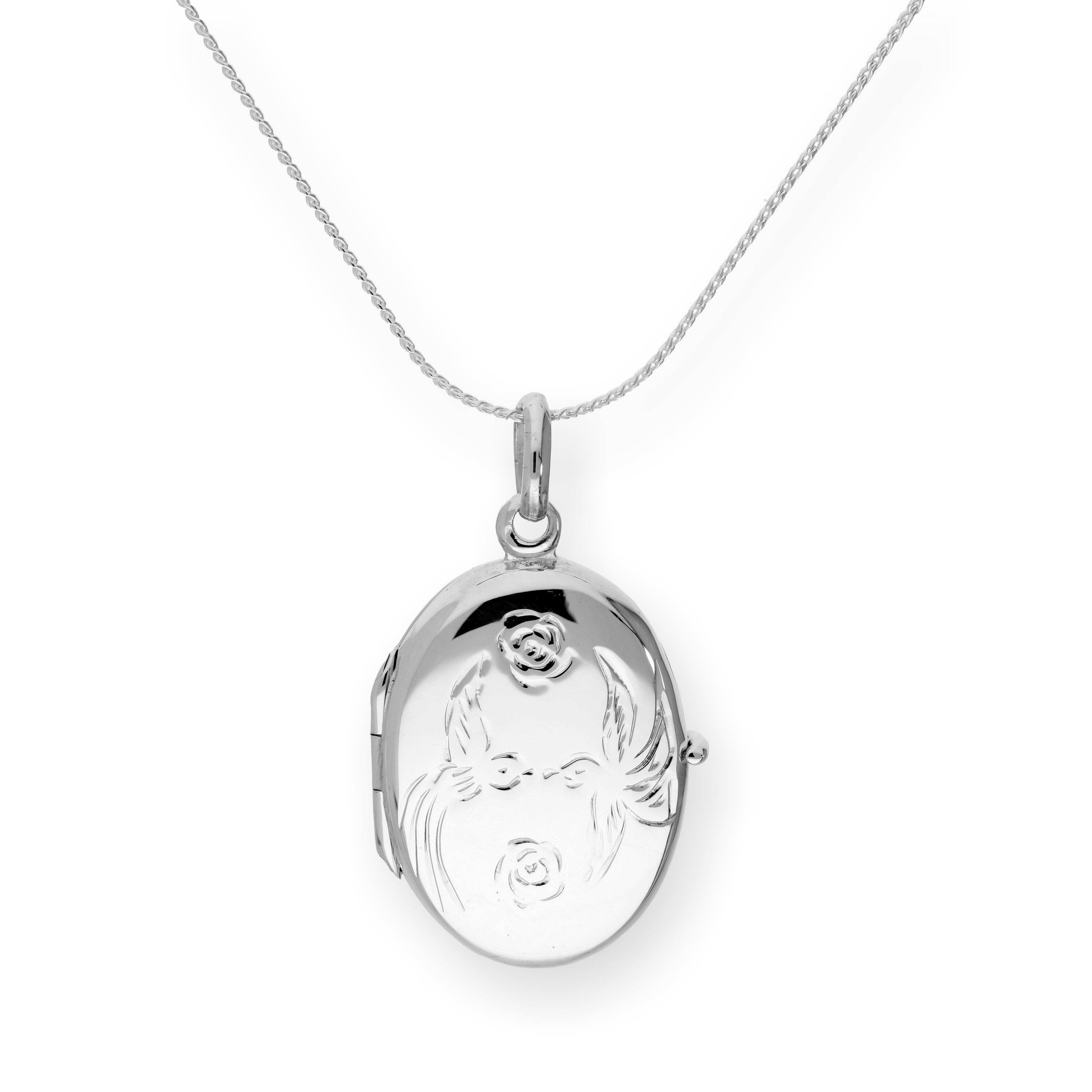 Sterling Silver Oval Locket w Kissing Lovebirds & Roses on Chain 14 - 28 Inches