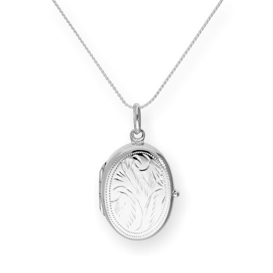 Sterling Silver Engraved Oval Locket on Chain 16 - 22 Inches