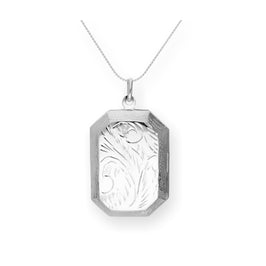 Large Sterling Silver Engraved Octagonal Locket on Chain 14 - 28 Inches