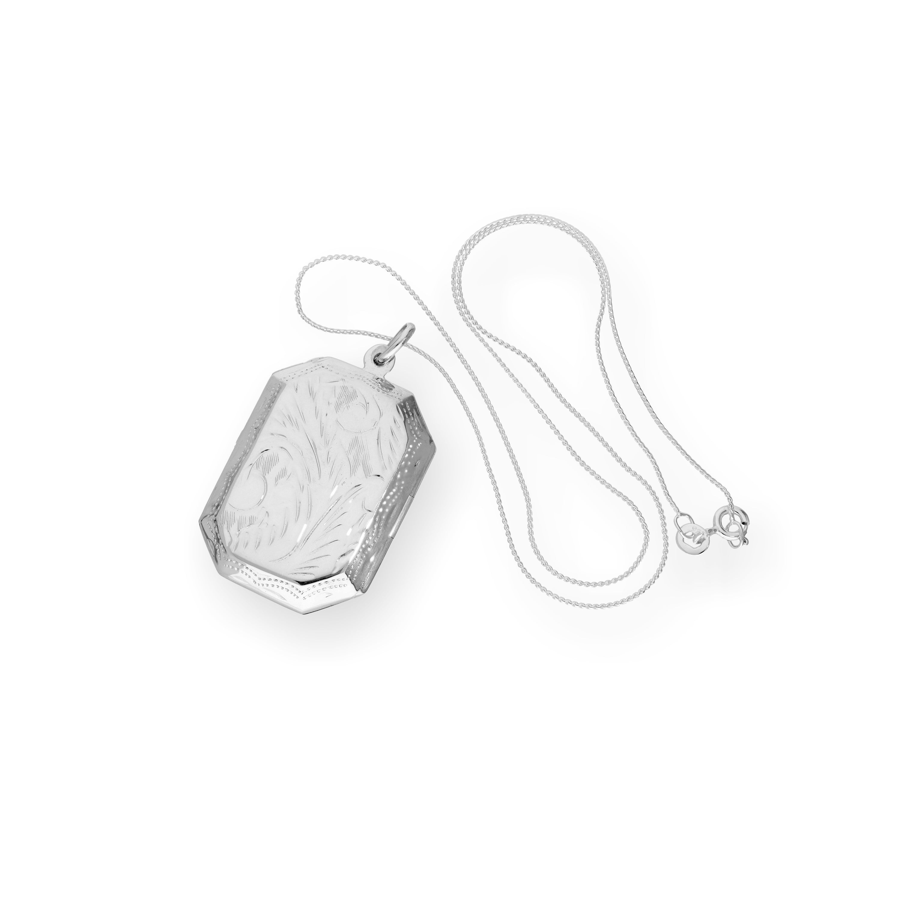 Large Sterling Silver Engraved Octagonal Locket on Chain 14 - 28 Inches