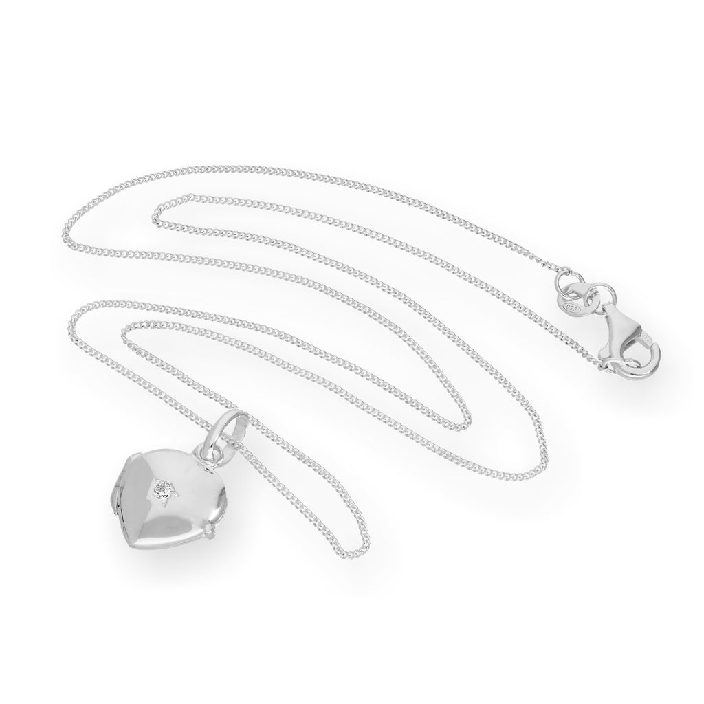 Tiny Sterling Silver & CZ Crystal Engravable Heart Locket on Chain 14-32 Inches