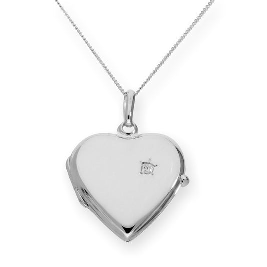 Sterling Silver & CZ Crystal Engravable Heart Locket on Chain 16 - 22 Inches