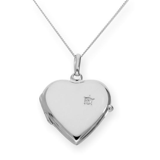 Sterling Silver & CZ Crystal Engravable Heart Locket on Chain 16 - 22 Inches