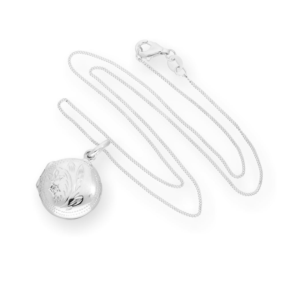 Sterling Silver & CZ Crystal Engraved Round Locket on Chain 14 - 32 Inches