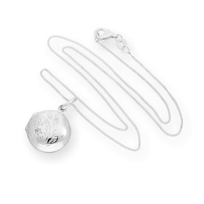Sterling Silver & CZ Crystal Engraved Round Locket on Chain 16 - 22 Inches