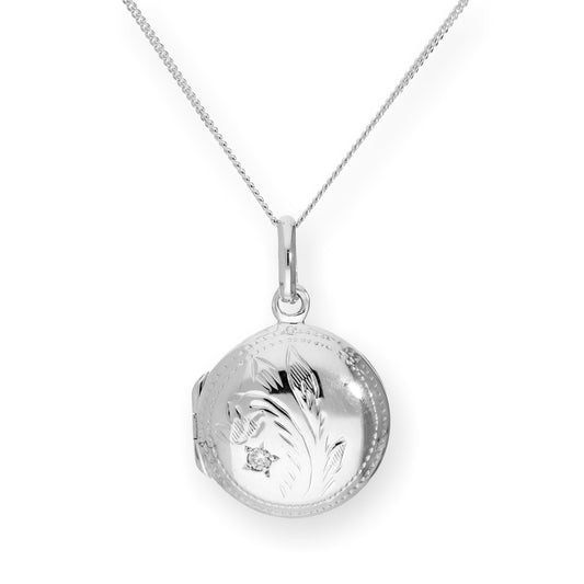 Sterling Silver & CZ Crystal Engraved Round Locket on Chain 16 - 22 Inches