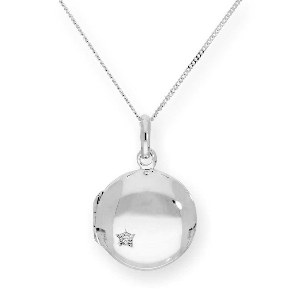 Sterling Silver & CZ Crystal Engravable Round Locket on Chain 14 - 32 Inches