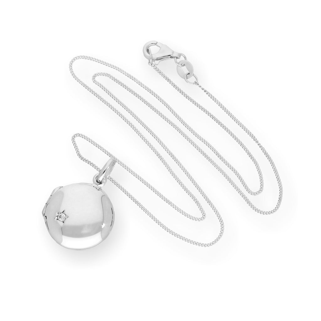 Sterling Silver & CZ Crystal Engravable Round Locket on Chain 14 - 32 Inches