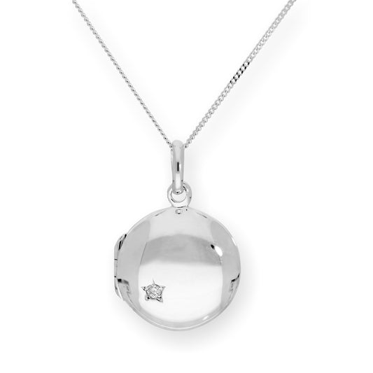 Sterling Silver & CZ Crystal Engravable Round Locket on Chain 16 - 22 Inches
