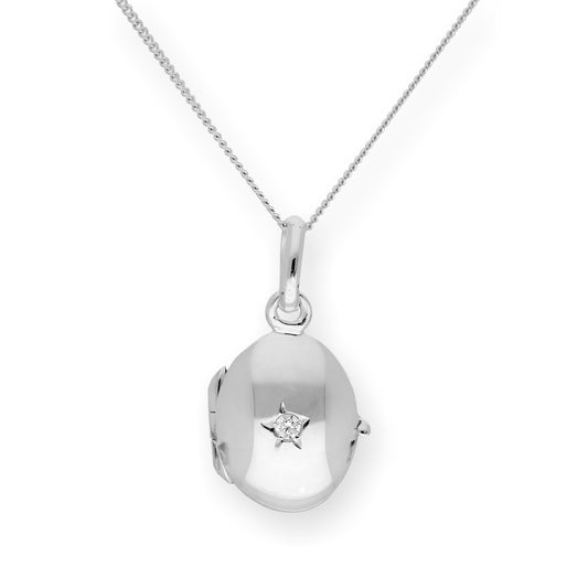 Sterling Silver & CZ Crystal Engravable Oval Locket on Chain 16 - 22 Inches