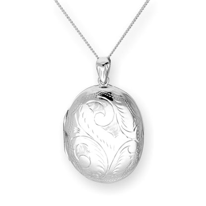 Large Sterling Silver Engraved Oval Locket on Chain 16 - 24 Inches