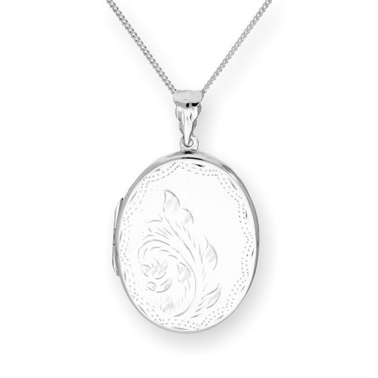 Large Sterling Silver Engraved Floral Oval Locket on Chain 16 - 24 Inches