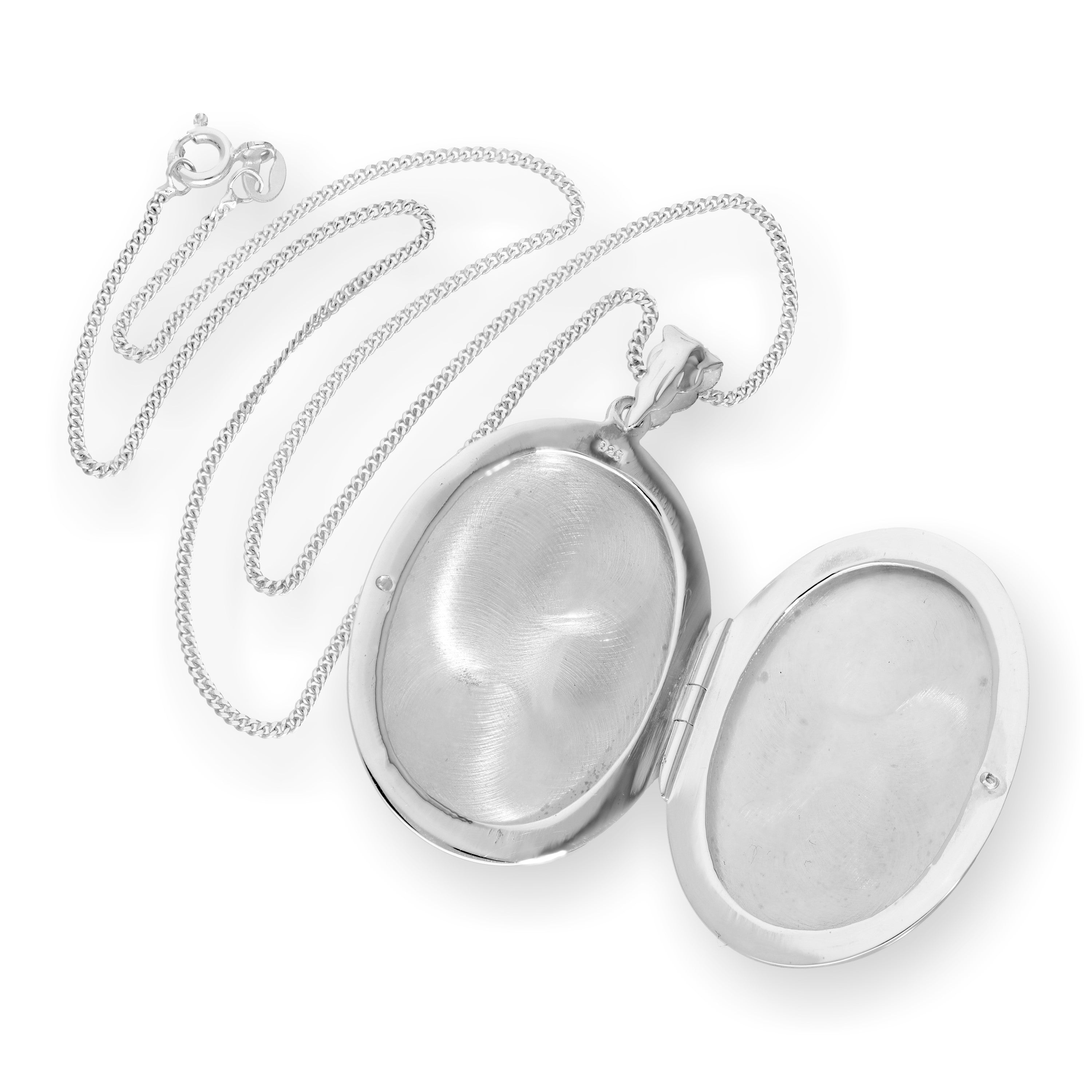 Large Sterling Silver Engraved Floral Oval Locket on Chain 16 - 24 Inches