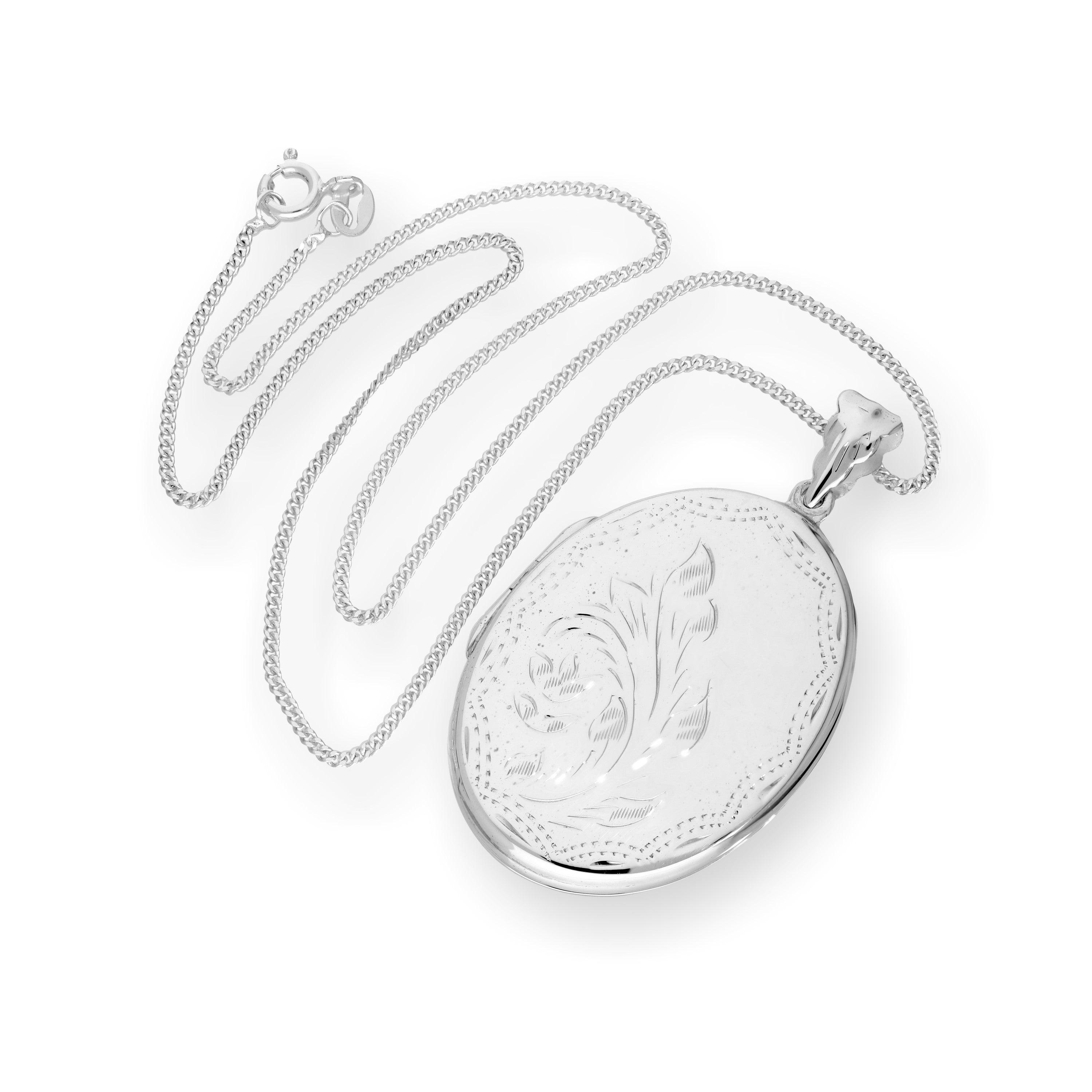Large Sterling Silver Engraved Floral Oval Locket on Chain 16 - 24 Inches