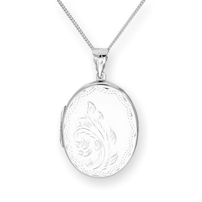 Large Sterling Silver Engraved Floral Oval Locket on Chain 16 - 24 Inches