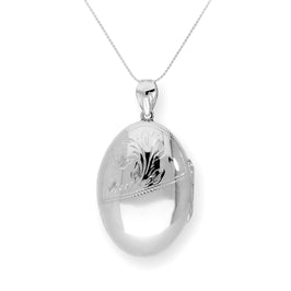 Large Sterling Silver Engravable Floral Oval Locket on Chain 14 - 28 Inches