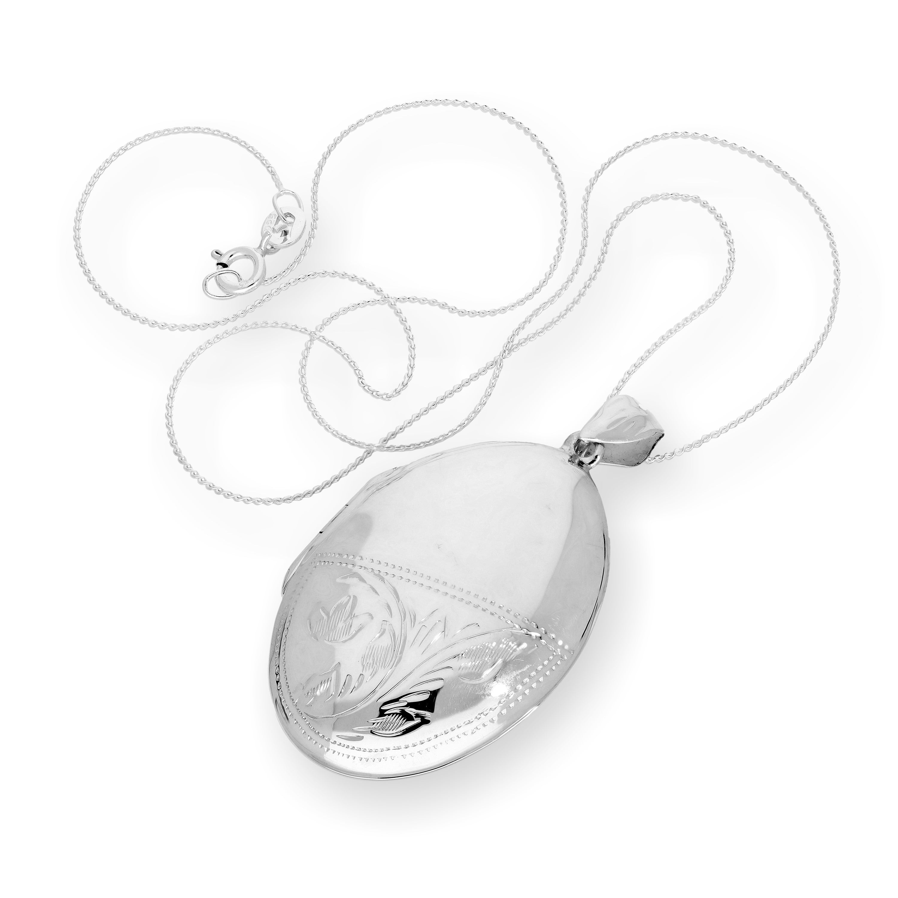 Large Sterling Silver Engravable Floral Oval Locket on Chain 14 - 28 Inches
