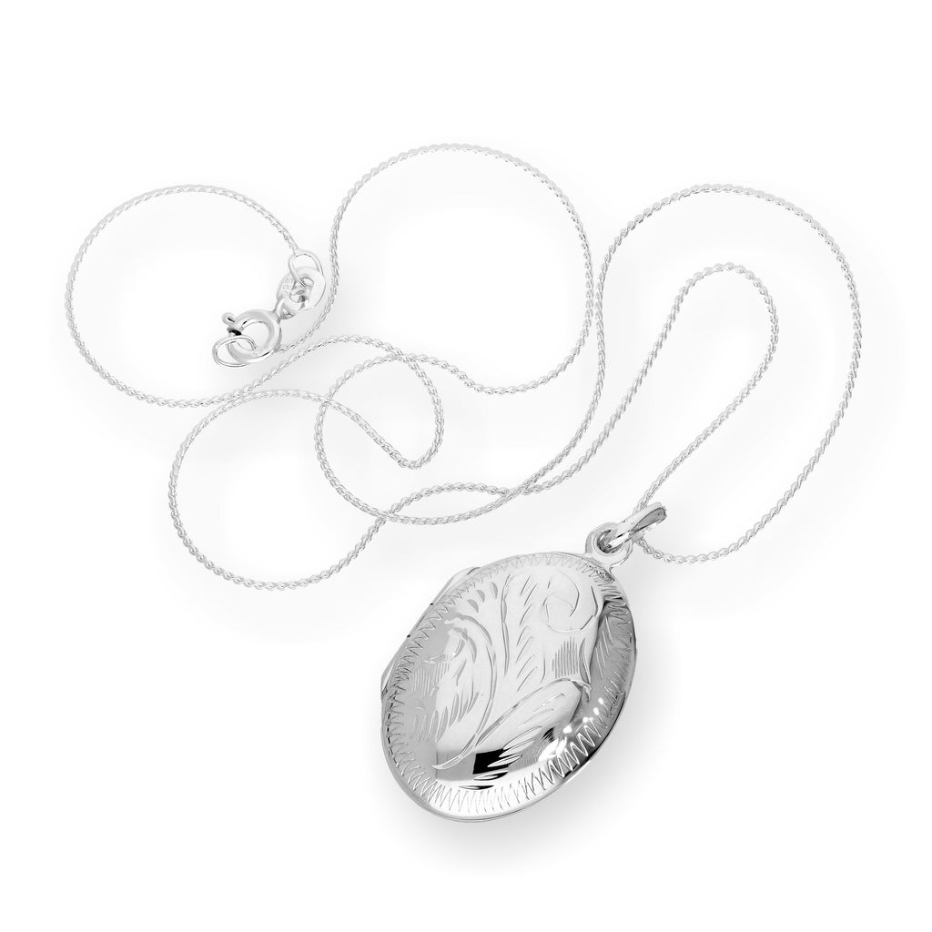 Sterling Silver Engraved Oval Locket on Chain 14 - 28 Inches
