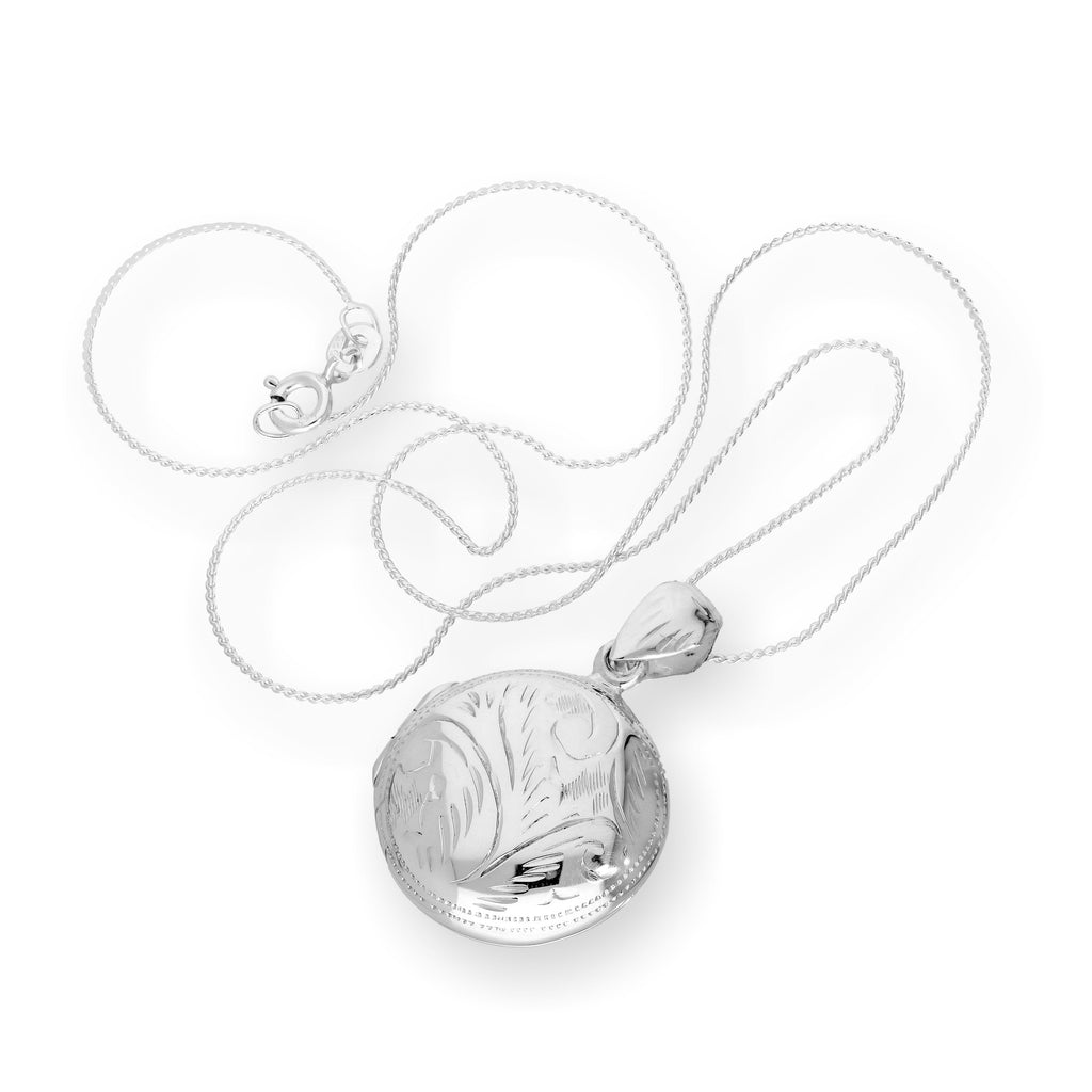 Sterling Silver Round Engraved Locket on Chain 14 - 28 Inches
