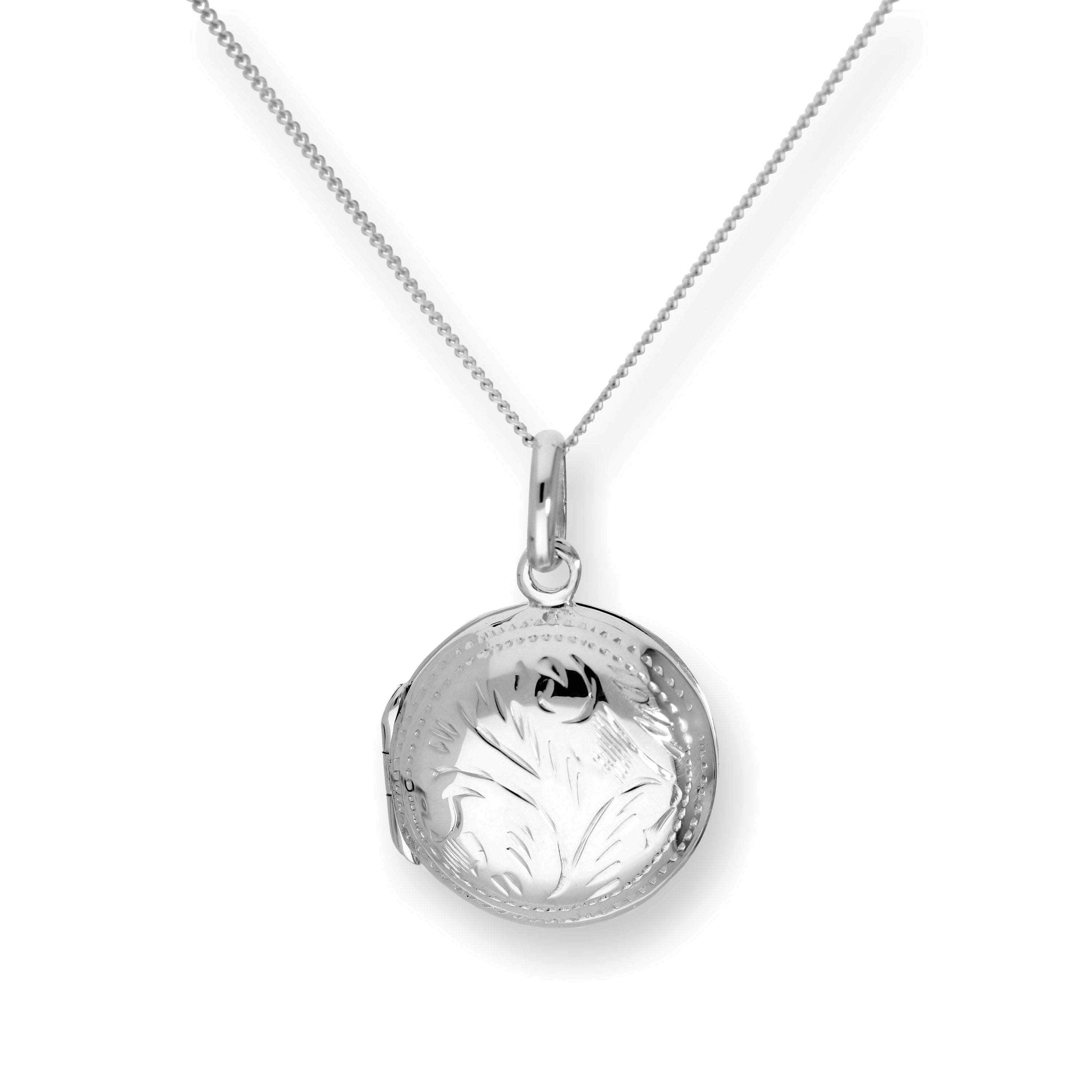 Sterling Silver Round Engraved Locket on Chain 14 - 32 Inches