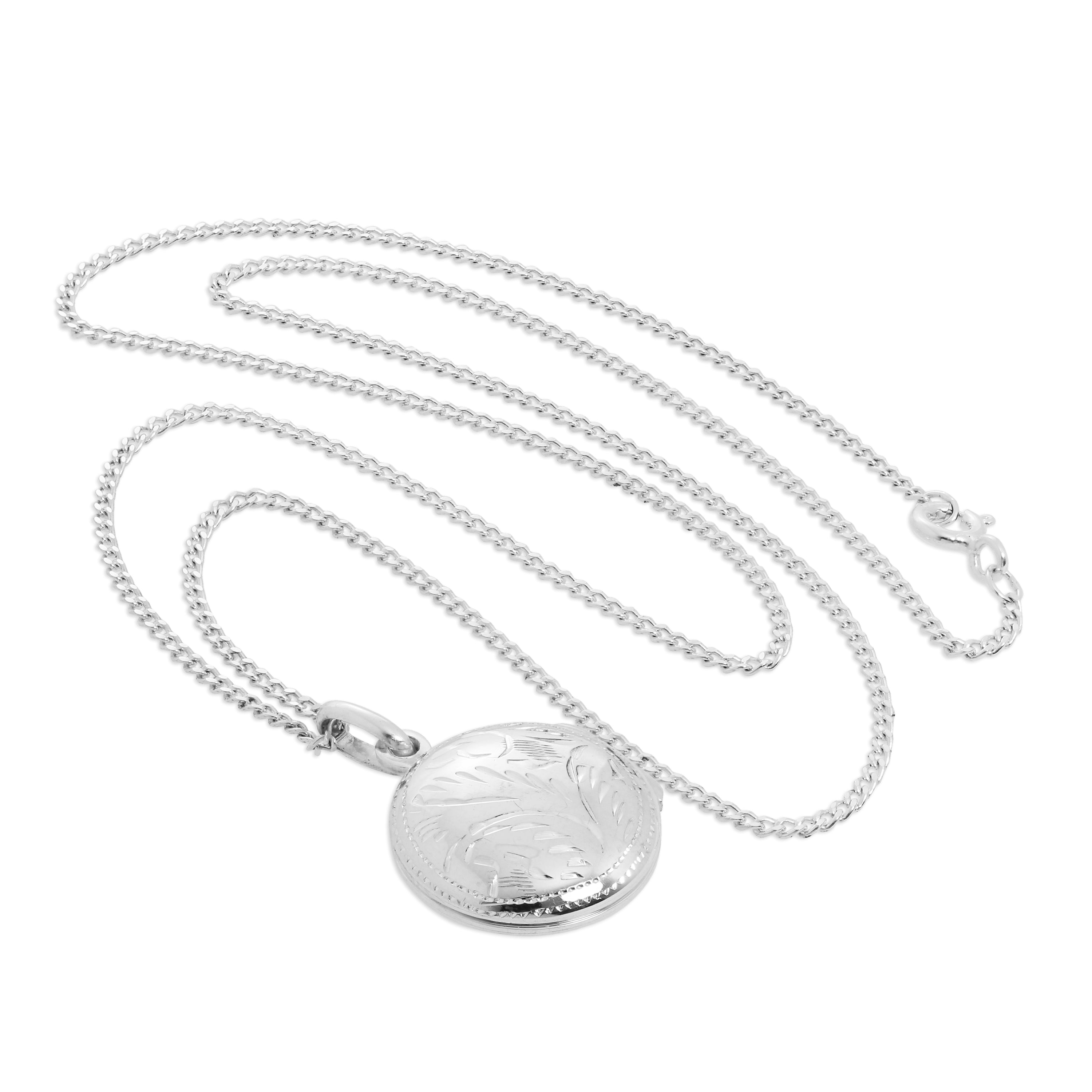 Sterling Silver Round Engraved Locket on Chain 14 - 32 Inches