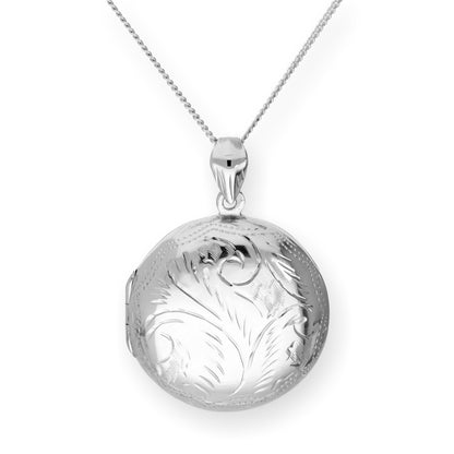 Large Sterling Silver Engraved Round Locket on Chain 16 - 24 Inches