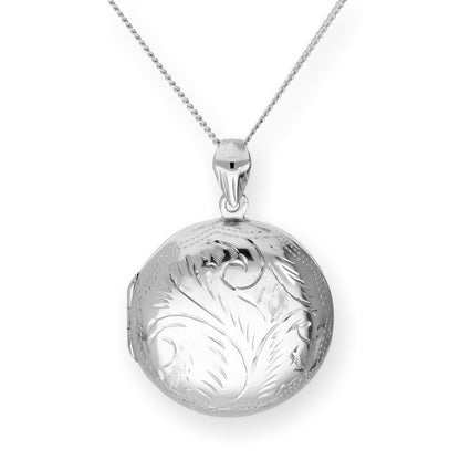 Large Sterling Silver Engraved Round Locket on Chain 16 - 24 Inches
