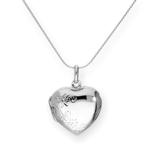 Sterling Silver Engravable Floral Heart Locket on Chain 16 - 22 Inches