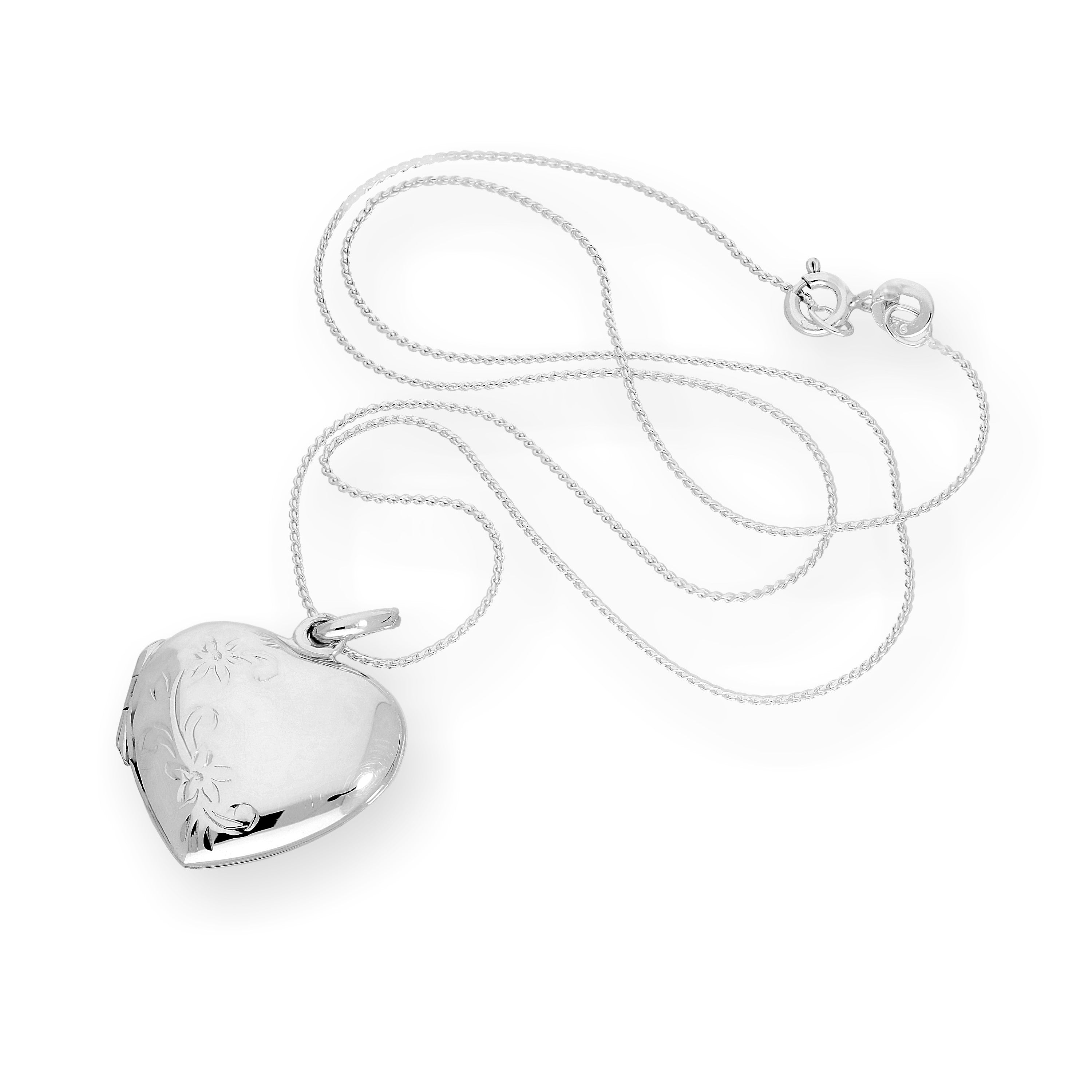 Sterling Silver Engravable Floral Heart Locket on Chain 14 - 28 Inches