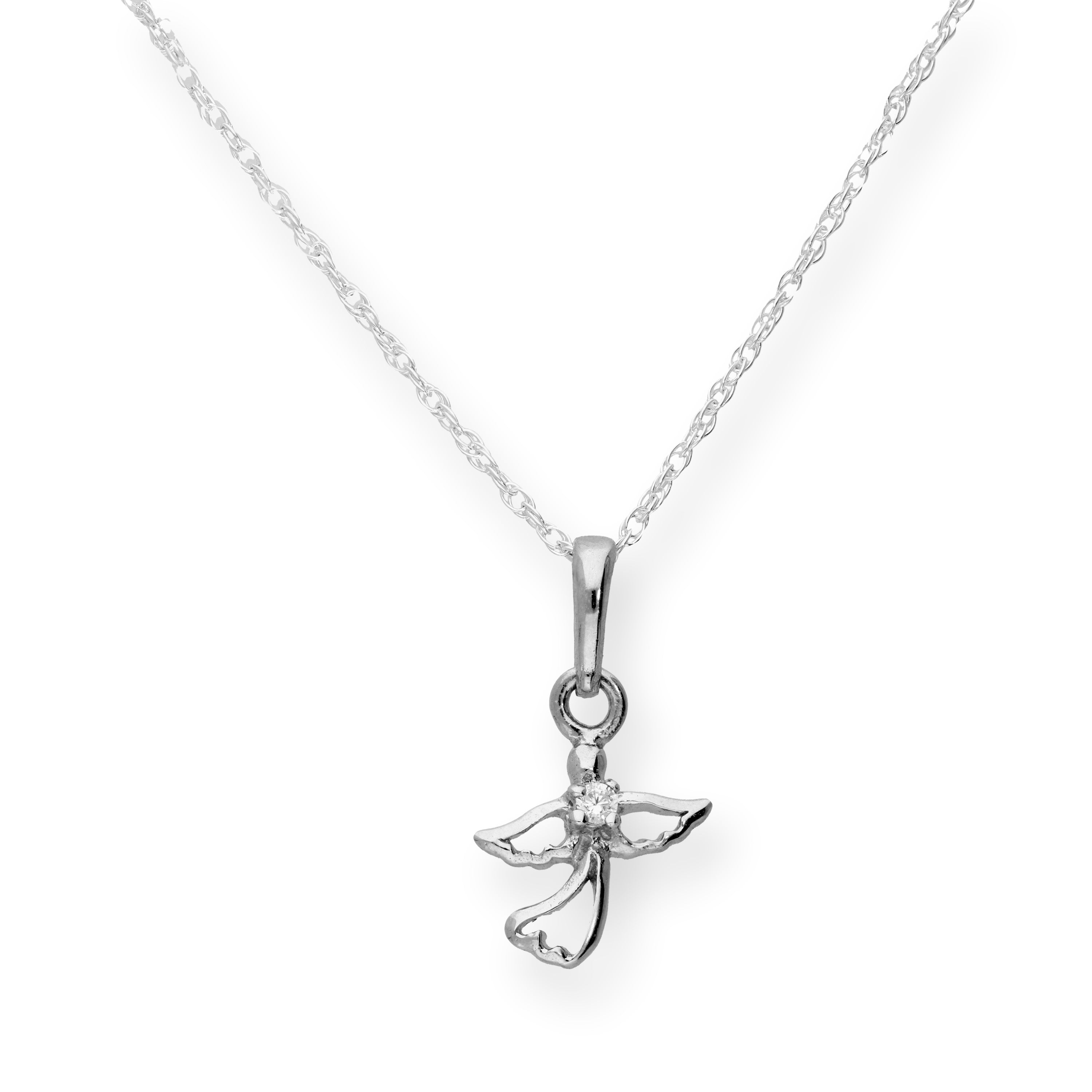 Sterling Silver & Clear CZ Crystal Cut Out Angel Pendant Necklace 16 - 18 Inches